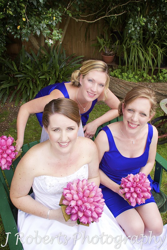 Bride w 2 bridesmaids in blue - wedding photography sydney
